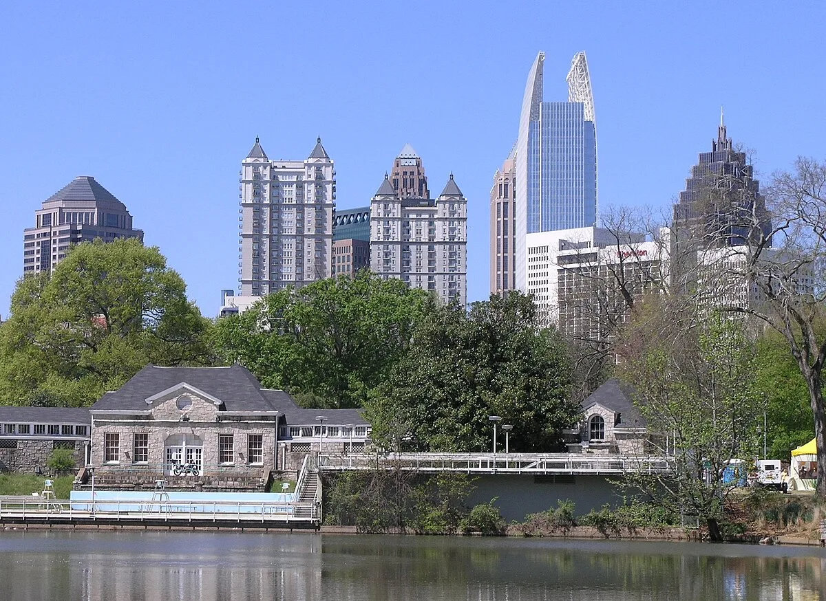 Midtown Atlanta skyline reflected in Lake Clara Meer at Piedmont Park