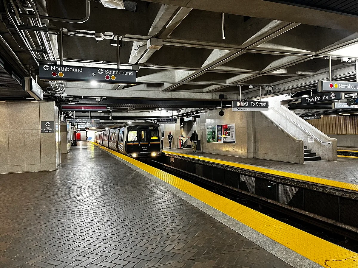 An eastbound Green Line train arrives at MARTA Five Points station