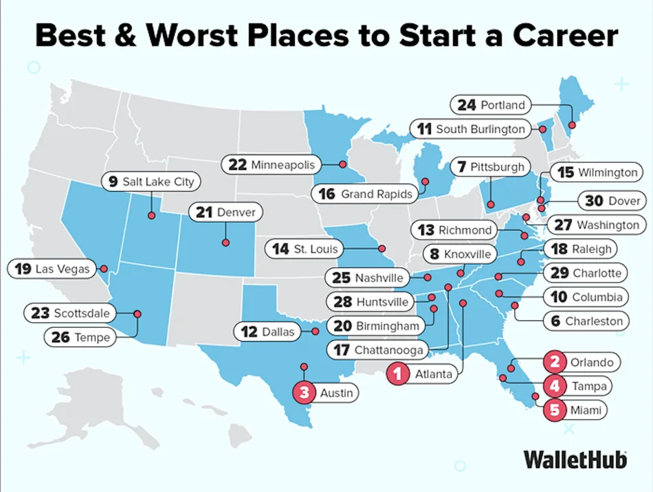 WalletHub ranking map showing Atlanta as the best U.S. city for starting a career