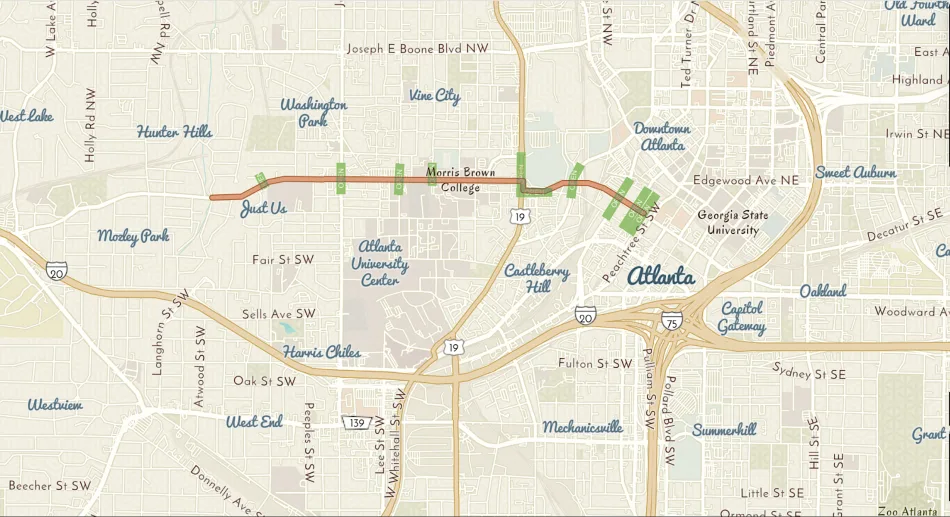 Map showing new Atlanta Streets Alive route from downtown to Westside Trail