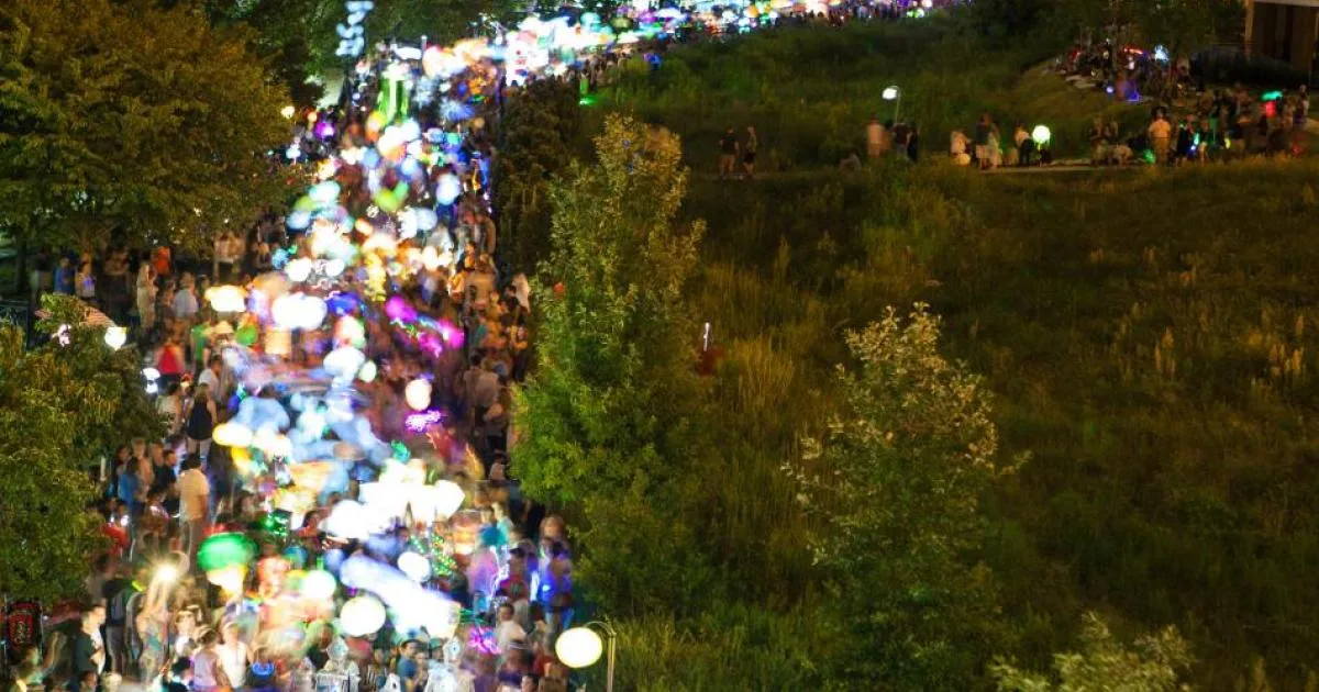 Atlanta BeltLine Lantern Parade glowing lanterns at night on the Eastside Trail