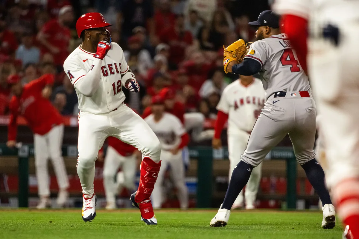 Braves pitcher Reynaldo Lopez and Angels slugger Jorge Soler during the bench-clearing brawl