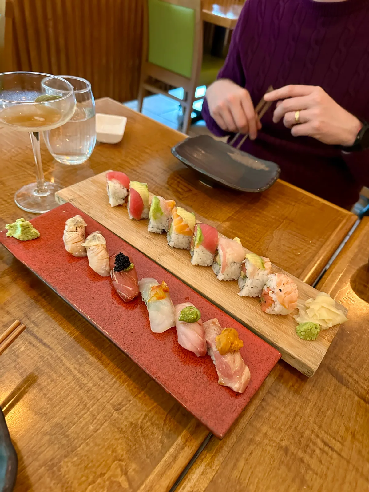 Assorted nigiri and rainbow sushi roll at Chirori in Midtown