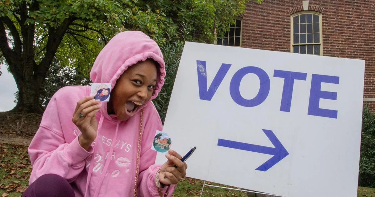 Decatur city hall and early voting signage in downtown Decatur