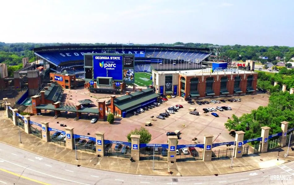 Aerial view of Center Parc Stadium and Georgia State University's planned athletics neighborhood in Summerhill