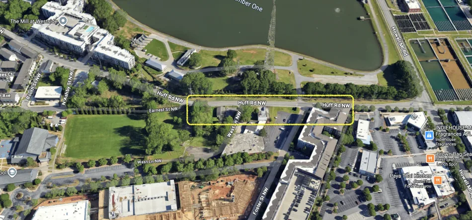 Huff Road widening project map showing three-lane expansion near Howell Mill Road