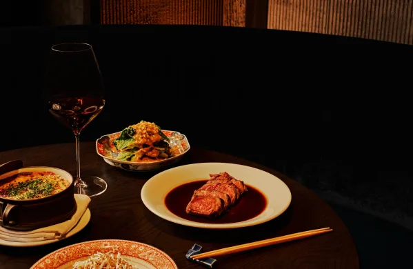 Dishes at Koshu Club including mushroom doria, yamitsuki cabbage, and American wagyu filet