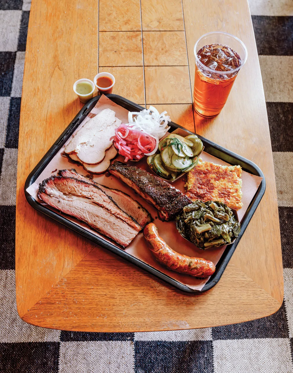 Loaded barbecue platter at Lewis Barbecue with brisket and sides