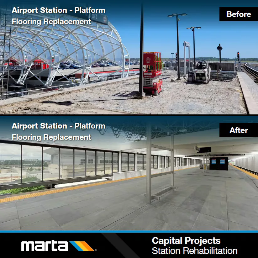 Before and after images of a renovated MARTA rail station