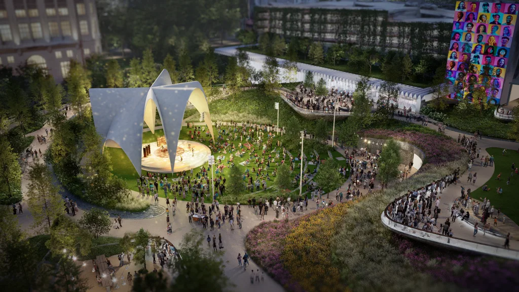 Rendering of Midtown Green, a layered civic park planned at 98 14th Street