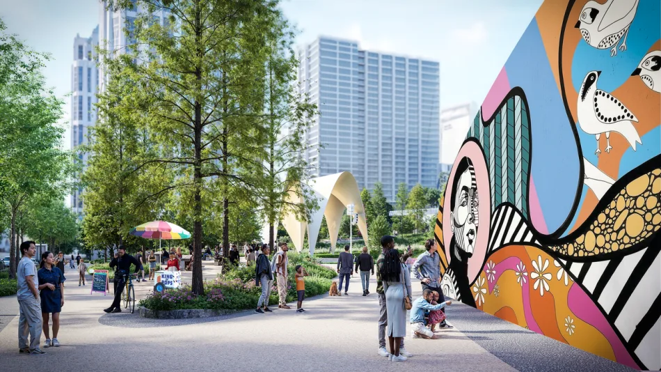 Rendering of Midtown Green park entrance along 14th Street