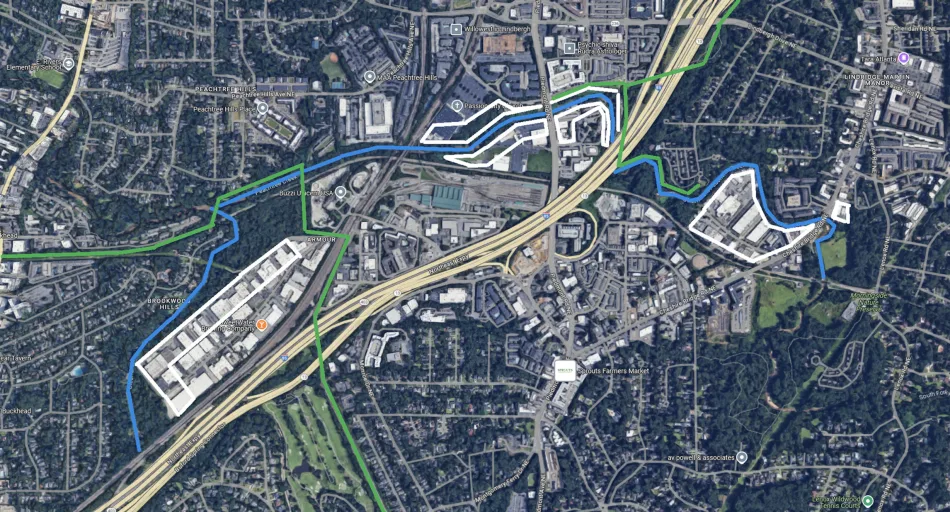 Map of Peachtree Creek running through Buckhead and Midtown