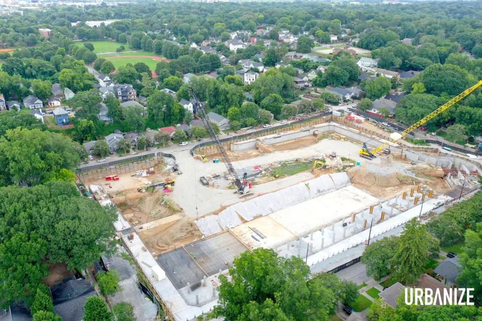 Aerial view of the Custer Avenue stormwater park under construction in Peoplestown