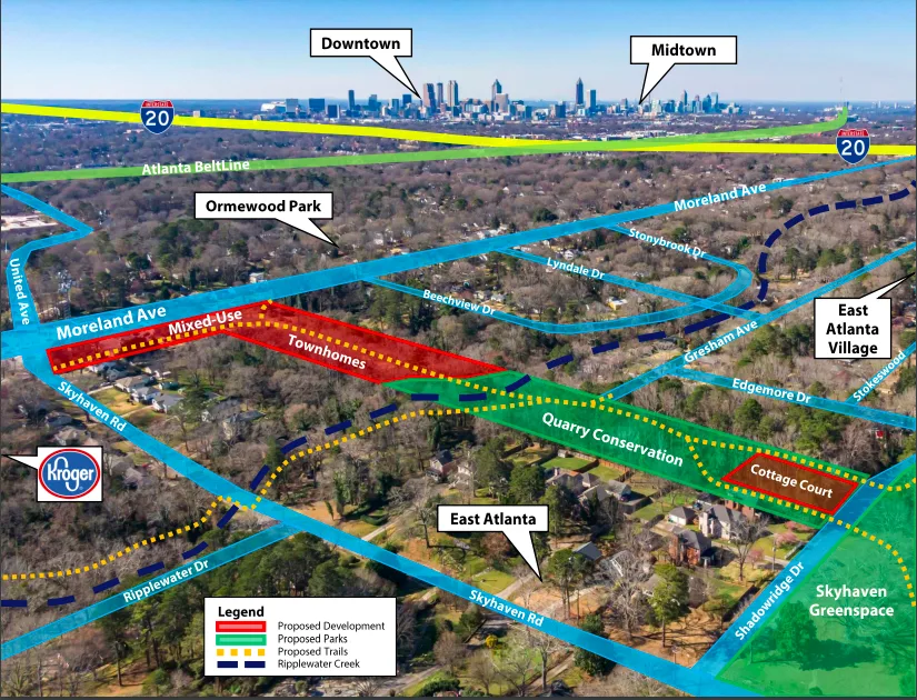 Aerial rendering of Skyhaven Quarry development near East Atlanta Village