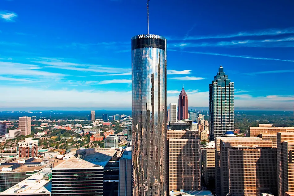 The Westin Peachtree Plaza cylindrical hotel tower in downtown Atlanta