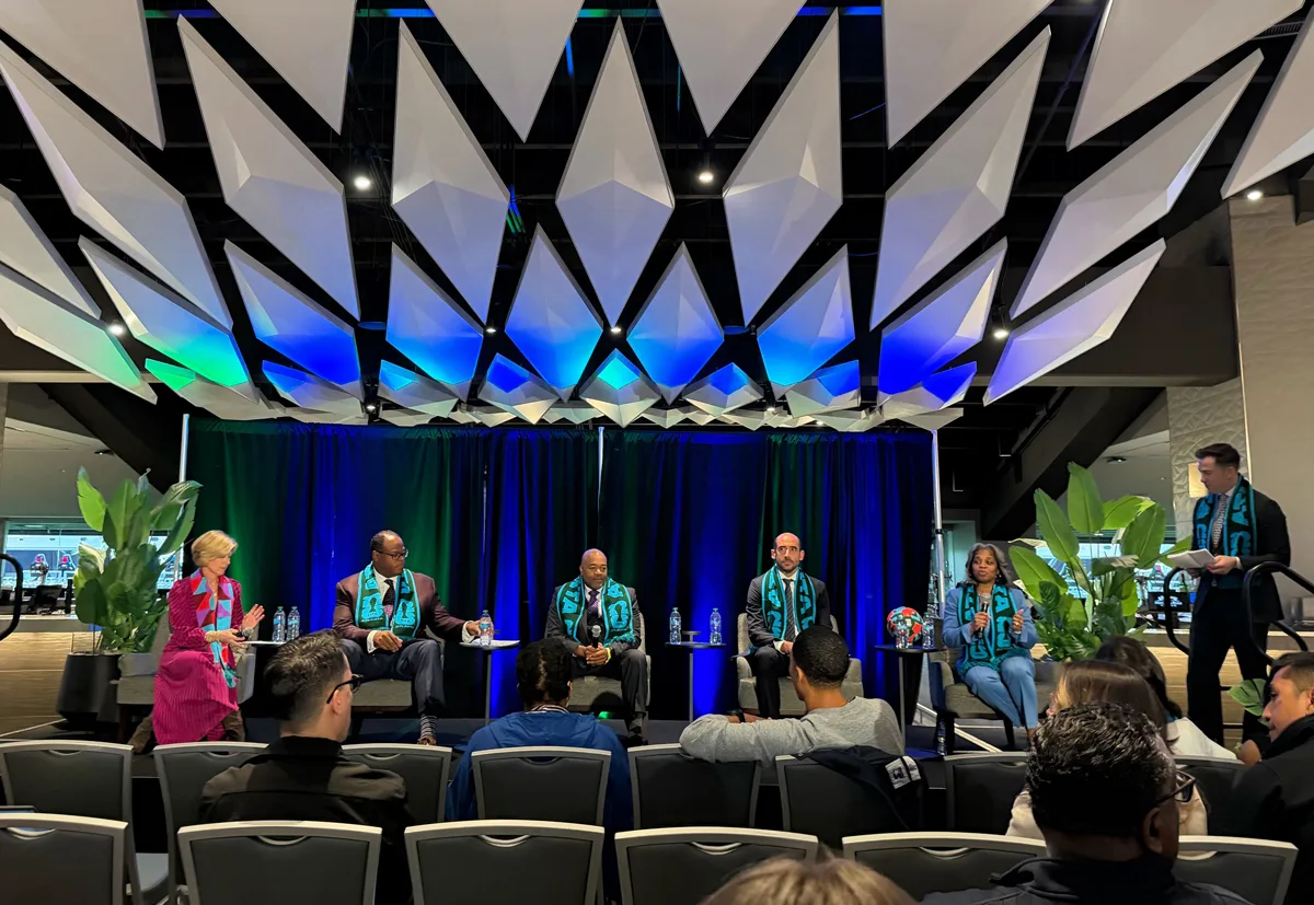 Atlanta World Cup officials speaking at Mercedes-Benz Stadium